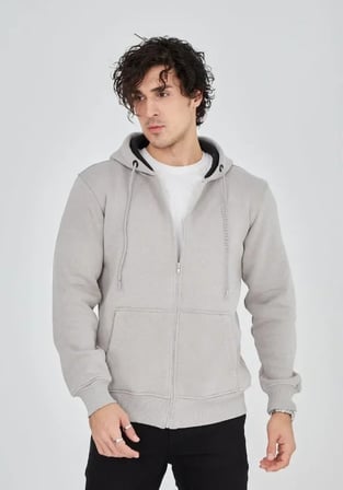 Unisex Tam Fermuarlı Kapşonlu SweatShirt - Boyalı Gri