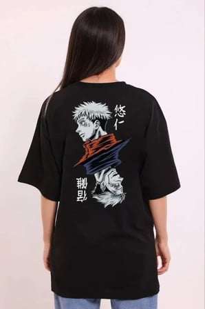 Unisex Bisiklet Yaka Baskılı Oversize T-Shirt - Siyah