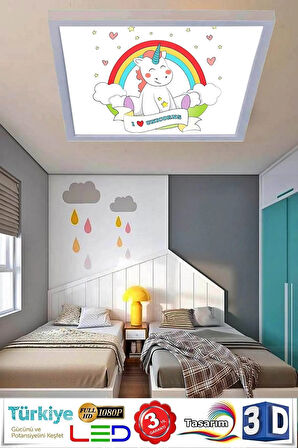 Unicorn Bebek Odası Avize Kare Beyaz Çerçeve,60watt Beyaz Işık, Çocuk Led Aydınlatma,