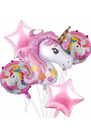 5'li Pembe Unicorn Folyo Balon Seti