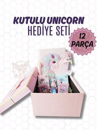 Lüks Kutulu Unicorn Hediye Seti Kırtasiye Seti Peluş Defter Kalem Silgi Doğum Günü Yılbaşı (12 Parça)