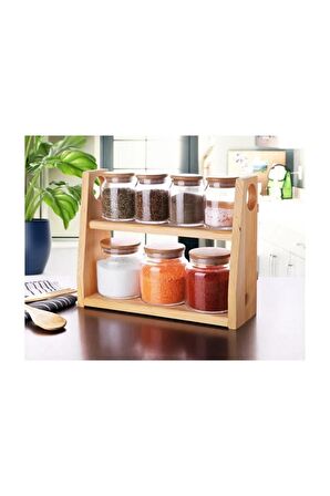 7'li Bambu Vakkum Kapaklı Standlı Cam Kavanoz Seti