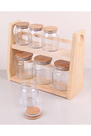 7'li Bambu Vakkum Kapaklı Standlı Cam Kavanoz Seti