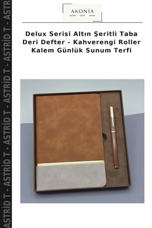 Delux Serisi Altın Şeritli Taba Deri Defter - Kahverengi Roller Kalem Günlük Sunum Terfi