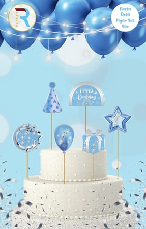 Özel Seri Detay Eğlence Parti HAPPY BİRTHDAY MAVİ GÜMÜŞ FİGÜR PASTA ÜSTÜ SÜS