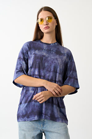 Bisiklet Yaka Oversize Batik Baskı T-Shirt