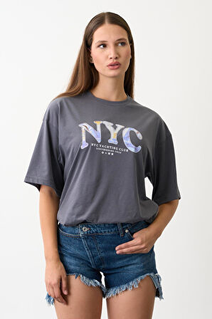 Geniş Kalıp Bisiklet Yaka Baskılı Kısa Kollu T-Shirt