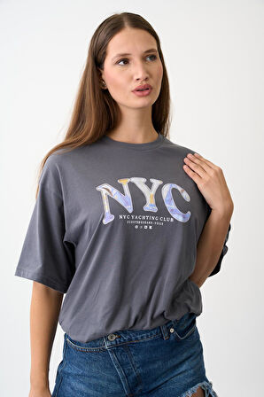 Geniş Kalıp Bisiklet Yaka Baskılı Kısa Kollu T-Shirt