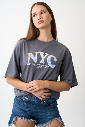 Geniş Kalıp Bisiklet Yaka Baskılı Kısa Kollu T-Shirt