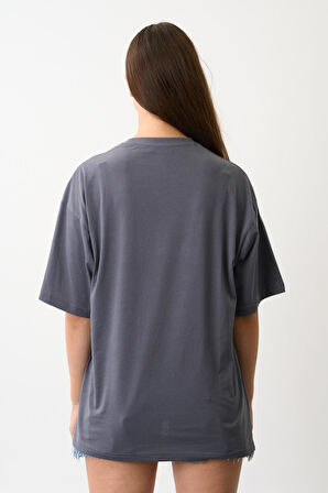 Geniş Kalıp Bisiklet Yaka Baskılı Kısa Kollu T-Shirt