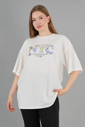 Geniş Kalıp Bisiklet Yaka Baskılı Kısa Kollu T-Shirt