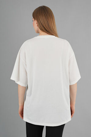 Geniş Kalıp Bisiklet Yaka Baskılı Kısa Kollu T-Shirt