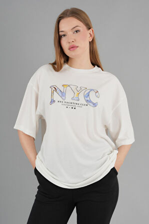 Geniş Kalıp Bisiklet Yaka Baskılı Kısa Kollu T-Shirt