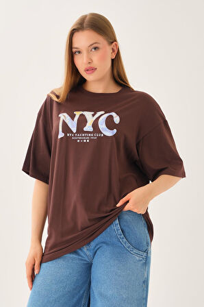 Geniş Kalıp Bisiklet Yaka Baskılı Kısa Kollu T-Shirt