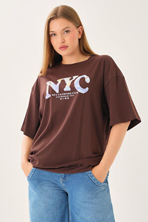 Geniş Kalıp Bisiklet Yaka Baskılı Kısa Kollu T-Shirt