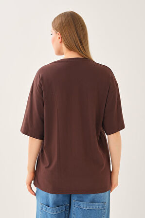 Geniş Kalıp Bisiklet Yaka Baskılı Kısa Kollu T-Shirt