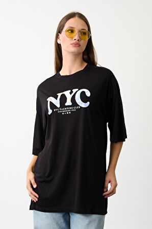 Geniş Kalıp Bisiklet Yaka Baskılı Kısa Kollu T-Shirt