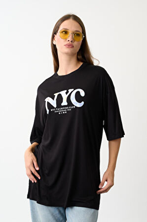 Geniş Kalıp Bisiklet Yaka Baskılı Kısa Kollu T-Shirt