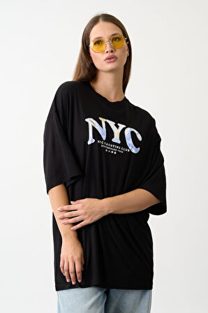 Geniş Kalıp Bisiklet Yaka Baskılı Kısa Kollu T-Shirt