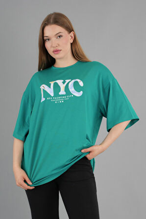 Geniş Kalıp Bisiklet Yaka Baskılı Kısa Kollu T-Shirt