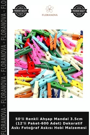 50'li Renkli Ahşap Mandal 3.5cm (12'li Paket-600 Adet) Dekoratif Askı Fotoğraf Askısı Hobi Malzemesi