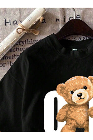 Unisex OK Ayı Baskılı Oversize T-Shirt