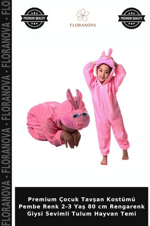 Premium Çocuk Tavşan Kostümü Pembe Renk 2-3 Yaş 80 cm Rengarenk Giysi Sevimli Tulum Hayvan Temi
