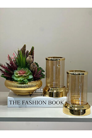 Yapay Sukulentli Vazo Ve ikili Mumluk Set Kitap Kutu Hediyeli No:1