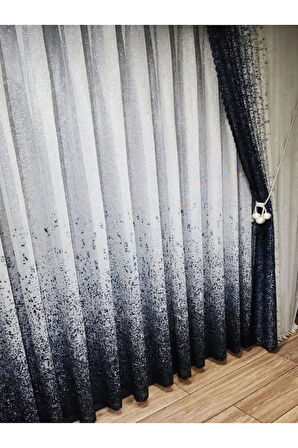 Yeni Tasarım Lacivert Serpinti  Sağ/Sol Takım Tül Fon Perde