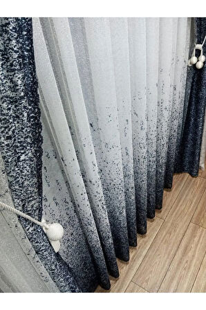 Yeni Tasarım Lacivert Serpinti  Sağ/Sol Takım Tül Fon Perde