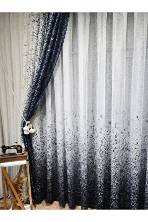 Yeni Tasarım Lacivert Serpinti  Sağ/Sol Takım Tül Fon Perde