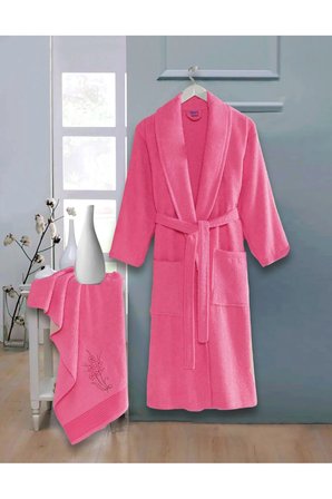 Bornoz - Nakışlı Havlu Seti Cora Fuşya L/XL+45x85cm
