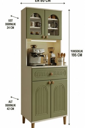 Barista LED Aydınlatmalı Kahve Köşesi Dolabı Retro Büfe 195cm MDF Koyu Yeşil