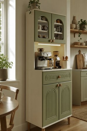 Barista LED Aydınlatmalı Kahve Köşesi Dolabı Retro Büfe 195cm MDF Koyu Yeşil