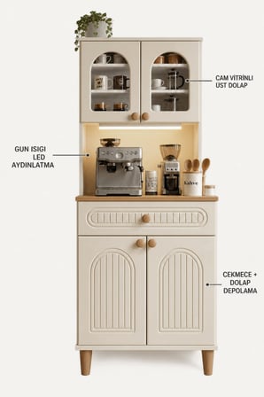 Barista LED Aydınlatmalı Kahve Köşesi Dolabı Retro Büfe 195cm MDF Krem