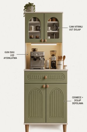 Barista LED Aydınlatmalı Kahve Köşesi Dolabı Retro Büfe 195cm MDF Yeşil