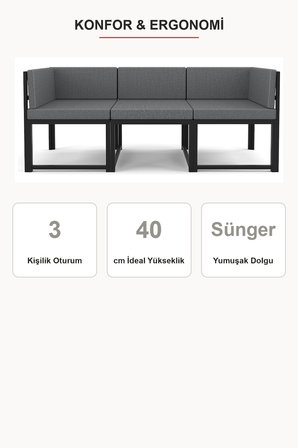 Brio 3'lü Bahçe Balkon Koltuk Takımı | Keten Dokuma, Metal Karkas | Gri