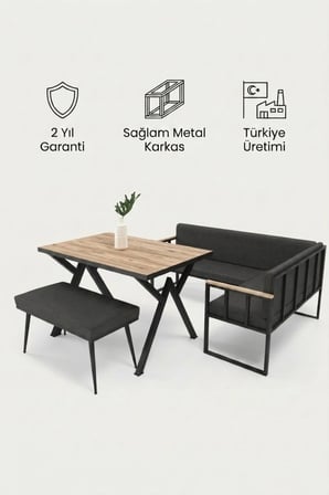 Koza Mutfak Köşesi Takımı | Masa + L Bank + Bank, Minderli, Modern | Siyah