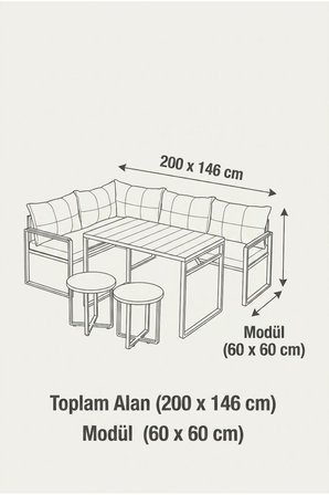 Laguna Köşe Takımı | Masa ve Puflu Bahçe Balkon Köşe Koltuk, Keten, Siyah Antrasit