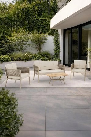 Lido Bahçe & Balkon Oturma Takımı | İp Örgü Metal Karkas, 2+2 Koltuk, Teak Sehpa
