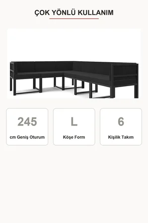 Luno 6'lı L Köşe Koltuk Takımı | Keten, Metal Karkas, Yataklı, Sağ-Sol Modüler | Siyah