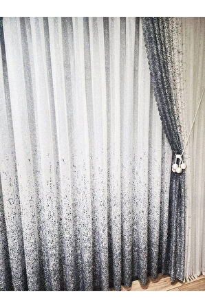Yeni Tasarım Gri-Antrasit-Füme Serpinti  Sağ/Sol Takım Tül Fon Perde