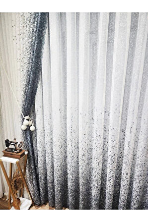 Yeni Tasarım Gri-Antrasit-Füme Serpinti  Sağ/Sol Takım Tül Fon Perde