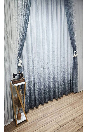 Yeni Tasarım Gri-Antrasit-Füme Serpinti  Sağ/Sol Takım Tül Fon Perde