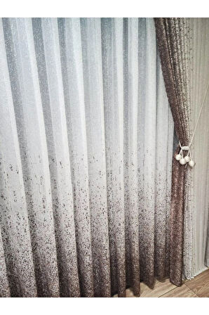 Yeni Tasarım Kahverengi-Vizon Serpinti  Sağ/Sol Takım Tül Fon Perde