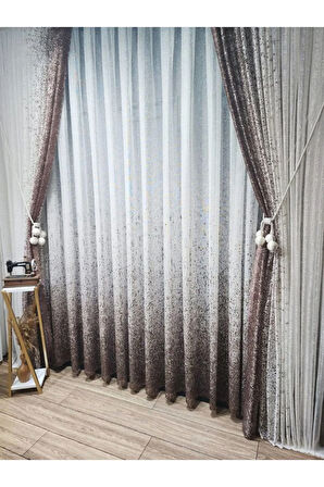 Yeni Tasarım Kahverengi-Vizon Serpinti  Sağ/Sol Takım Tül Fon Perde