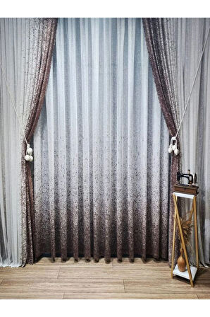 Yeni Tasarım Kahverengi-Vizon Serpinti  Sağ/Sol Takım Tül Fon Perde