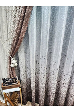 Yeni Tasarım Kahverengi-Vizon Serpinti  Sağ/Sol Takım Tül Fon Perde