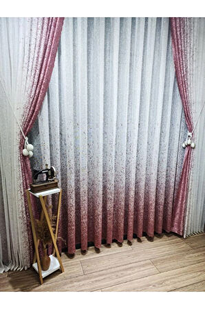 Yeni Tasarım Pembe-Pudra Serpinti  Sağ/Sol Takım Tül Fon Perde