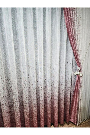 Yeni Tasarım Pembe-Pudra Serpinti  Sağ/Sol Takım Tül Fon Perde